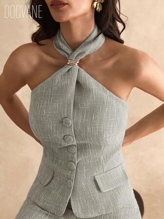 Elegant Commuter Tweed Front Button Halter Neck Sleeveless Top