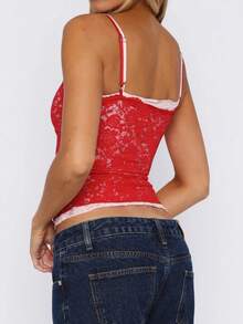 Women Y2k Lace Floral Camisole Patchwork Spaghetti Strap Crop Tank Tops Sleeveless Backless Tank Tops Open Back Going Out Tops Slim Fitted Shirt Basic Tees Club Streetwear Aesthetic Clothes - 紅色 - 查看 3