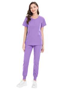 Pijama Uniforme Antifluidos Mujer Y Conjunto top de manga corta con pantalones, Enfermeras uniformes de verano de manga corta separa traje de enfermería uniformes de enfermería traje de lavado a mano ropa elástica de secado rápido top de manga corta con pantalones - Púrpura malva - Ver 4