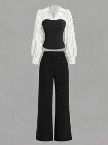 Women's Thin Striped Patchwork Elegant Casual 2-Piece Set, Long Sleeve Top And Pants, Suitable For Office And Home, Spring/Summer/Autumn