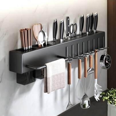Estantería de almacenamiento de cocina, estantería de almacenamiento montada en la pared, sin necesidad de taladrar, equipada con ganchos, estantería de almacenamiento multifunciona, 1 pieza