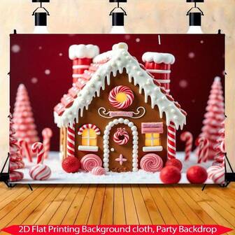1piece Gingerbread House Christmas Banner - Humorous Candy Stick And Dessert-Themed Background, Featuring A Snowy Winter Miracle Scene, Perfect For Holiday Parties, Indoor And Outdoor Celebrations And Seasonal Decorations. Gingerbread Christmas Decoration, Best For Christmas, Indoor And Outdoor Decoration, Candy Stick Theme, Durable Polyester