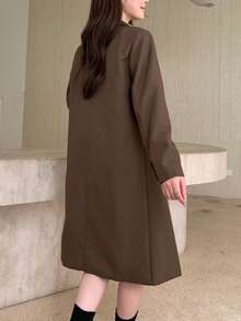 Elegant Solid Color Lapel Double-Breasted Double Pocket Jacket, Autumn - Brown - View 3