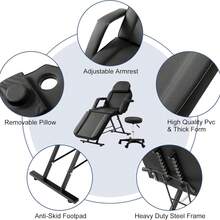 3-Section Adjustable Tattoo Chair With Stool - Heavy Duty Salon Facial Bed & Massage Table, 330lbs Capacity (Black)