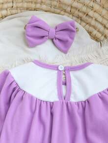 2件套女婴可爱小熊字母图案拼接领长袖连体衣和发带套装，休闲日常穿着，秋冬季 - 紫色 - 查看 7