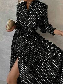 Women's Polka Dot Print Tie Decor Dress, Summer Outfits For Women, Music Festival, Spring Outfits For Women, Elegant - Black - View 1