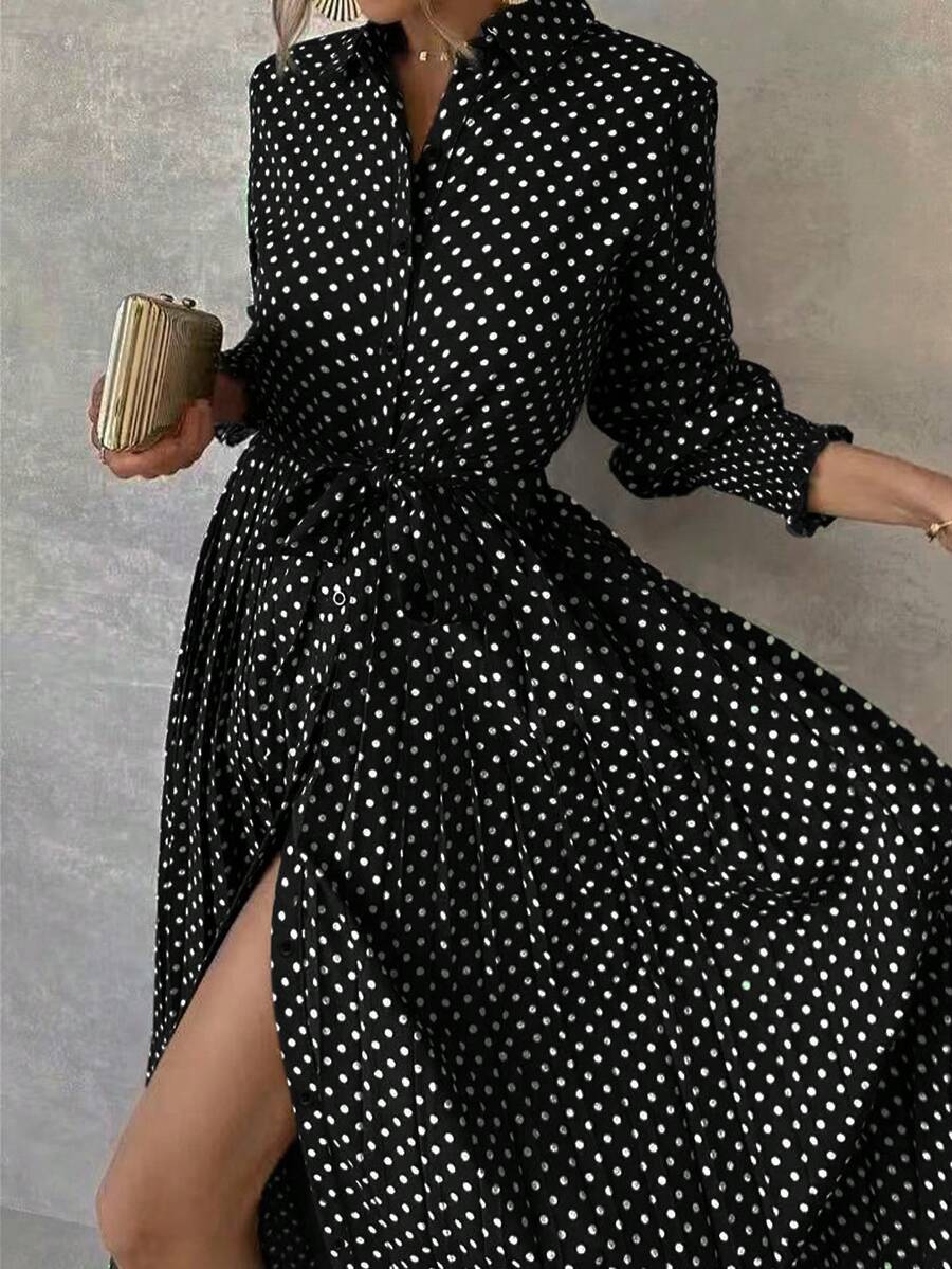 Women's Polka Dot Print Tie Decor Dress, Summer Outfits For Women, Music Festival, Spring Outfits For Women, Elegant - Black - View 1