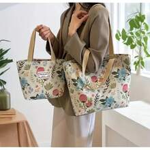 Lightweight Printed Canvas Shopping Bag, Cosmetic Bag, Zipper Closure, No Lining, Multi-Function Attendance Handbag, Suitable For Casual Shopping And Storage - Pink - View 2