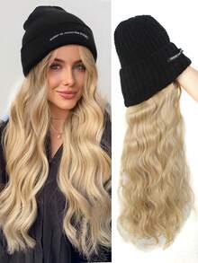 Beanie Hat With Long Wavy Curly Hair Extensions Black Knit Cap 22inch Synthetic Wig Hairpiece Warm Pom For Women Winter Ash Blonde - Multicolor - View 12
