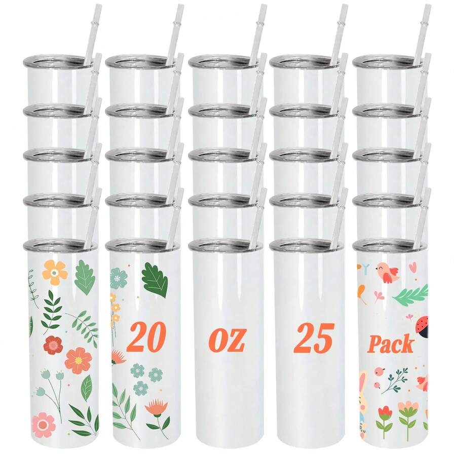 25 Pack 20oz Sublimation Tumbler White Blank Stainless Steel Insulated Mug With Lid And Straw - trắng - Xem 1