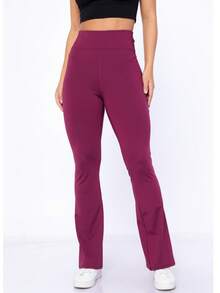 Women's Suplex Flare Pants High Waist Ballerina Bell Bottom Gym Fitness Casual - 酒紅色 - 查看 3