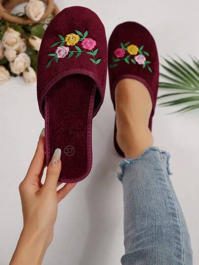 Burgundy Embroidered Mule Slippers For Women, Backless Embroidered Flat Slides, Elegant Casual Indoor/Outdoor Breathable Comfortable Flat Sandals