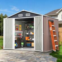 TABU 8 X 6 FT Outdoor Storage Shed With Double Hinged Large Door,Utility Garden Shed With Lockable Door & Rain Gutter Roof, Metal Outdoor Storage Shed For Garden, Backyard, Patio And Backyard, Brown