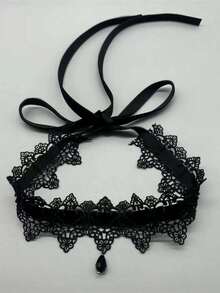 1pc Burgundy Dark Gothic Lace Velvet Strap Choker Necklace, Minimalist Lace Tie Collar Necklace, Halloween Neck Accessory