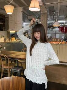 女式高领波点长袖荷叶边下摆休闲T恤