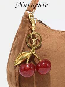 1pc Soft Suede Short Plush Autumn/Winter Decorative Cherry Pendant, Women Simple Shoulder Bag With Zipper Closure, Vintage Style Underarm Bag, Suitable For Various Occasions - Mocha Brown - View 3