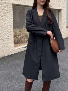 Casual Solid Color Lapel Double Breasted Jacket, Autumn - Black - View 3