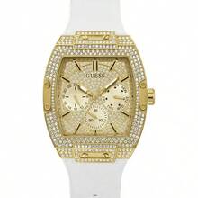 Reloj Phoenix multifunción de cuarzo con esfera dorada y correa de silicona blanca para hombres. Descubre el elegante y funcional reloj multifunción Phoenix de Guess. Con una esfera dorada y una correa de silicona blanca, este reloj es perfecto para los hombres que valoran tanto la moda como la practicidad. Mantente al día con múltiples funciones y eleva tu look con esta pieza de relojería elaborada con experticia. - Dorado - Ver 4