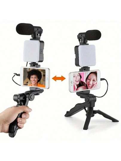 适用于 和 Android 的便携式三脚架视频博客套件、手机支架、LED 灯、迷你枪式麦克风、电池供电设计（不含电池）、用于视频通话和视频博客的户外直播套件、用于视频/旅行录制的视频制作套件、Vlog、适用于智能手机、相机、自拍灯、方形补光灯、手机支架