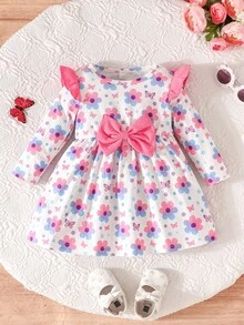 2 Stücke/Set Baby Mädchen Blume Muster Langarm Kleid mit Schleife, eleganter College-Stil