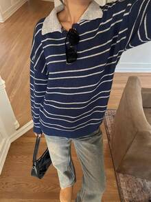 Women's Long Sleeve Clashing Stripe Sweater, POLO Neck Drop Shoulder Loose Top, Street Fashion Vacation Winter For Women, Going Out Tops Women, Thanksgiving For Women, Christmas Sweater.