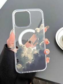 Funda de teléfono con patrón de nubes blancas transparentes, material acrilico TPU mejorado 2 en 1, fuerte succión magnética, elegante y duradera, adecuada para Apple 17ProMax 17Pro 17PLUS 17 16 15 14 13 12 Series - transparente - Ver 3