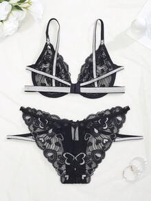 Lace Trim Satin Camisole & Panty Set - Black - View 7