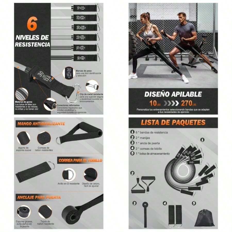6Pcs Ligas de Resistencia para Ejercicio - 270lbs Bandas de Resistencia para Pull Up con Asas, Tubulares Bandas Elsticas con Ancla de Puerta, Correas de Tobillo, Bolsa y Pster - Negro+gris - Ver 1