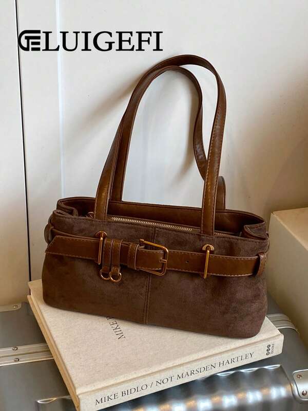 1pc Solid Colour Pu Textured Fabric Shoulder Bag Ladies Retro Fashion Shoulder Square Bag Top Double Handles Design Zip Closure Suitable For Travelling, Shopping, Dating, Ladies Gift, Perfect For Commuting, Outdoor, Travelling, Outing Out Of The Street Use