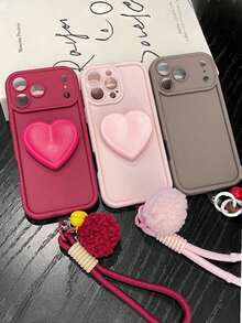 1pc Heart-Shaped Phone Holder & Cute Bell Pom Pom Lanyard Decor Phone Case, Retro-Inspired Fashion Accessory, Suitable For IPhone 17 Air/17 Pro Max, S25 Ultra/S25 FE, Redmi Note 13, Anti-Fall Anti-Scratch, Artistic Girl/Feminine Holiday Christmas Gift