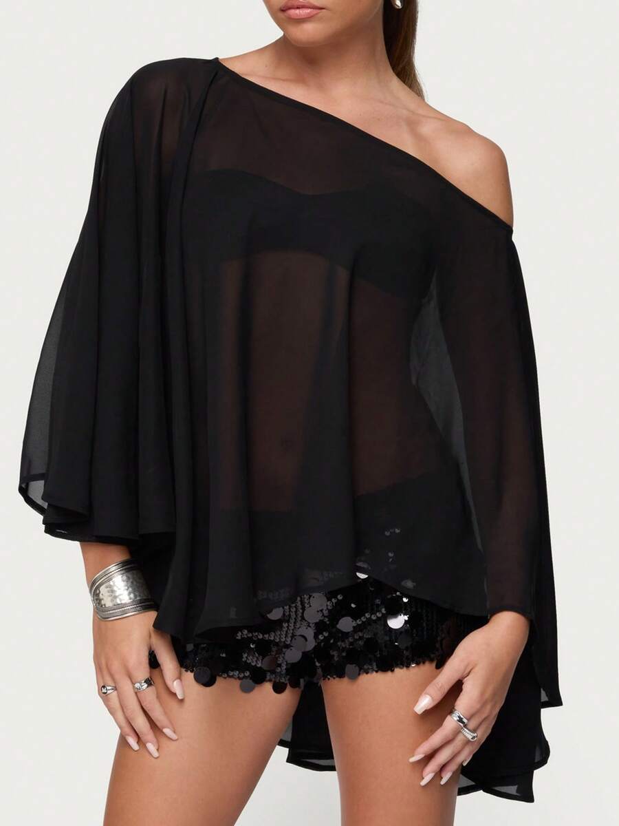 Women Sheer Poncho Shrug Lightweight See Through Mesh Shawl Y2k Asymmetrical Poncho Tops Cover Ups - màu đen - Xem 1