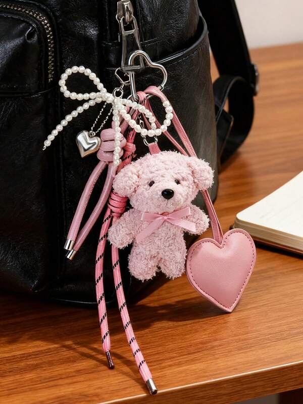 1 pieza Lindo y femenino colgante de bolso con oso blanco pequeño, cuentas plateadas y lazo, precioso llavero con colgante en forma de corazón, accesorio de oso de peluche lindo, idea de regalo linda, decoración de bolso, encanto Kawaii, diseño femenino, colgante con cuentas, llavero elegante, colgante en forma de corazón, llavero decorativo, para mujeres, regalo para compradores (El número de nudos en el tejido de la cuerda es aleatorio)