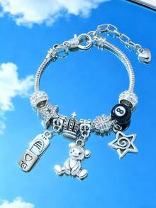 1件银色可爱吊坠手链，女士泰迪熊皇冠星星8毫米球珠饰品礼品 - 泰迪熊星星 - 查看 2