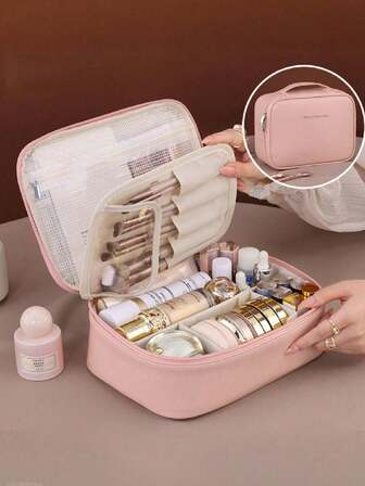 1pc Multi-Functional Divided Cosmetic Bag, Travel Makeup Organizer Bag, Waterproof PU Storage Bag, Portable Toiletry Bag, Large Capacity Makeup Brush Holder, Multi-Layer Detachable Cosmetic Bag, Handbag, Suitable For Carrying Beauty Essentials, Skincare Products, Makeup, Makeup Brushes, Holiday & Travel Essentials, Back To School Supplies