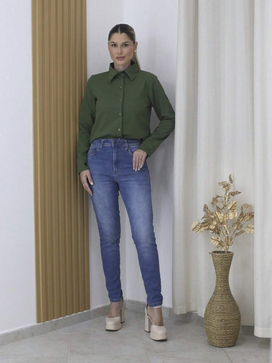 Women's Simple Shirt With Collar And Long Sleeves, Polyester Fabric - Xinnix 2019 - 軍綠色 - 查看 1