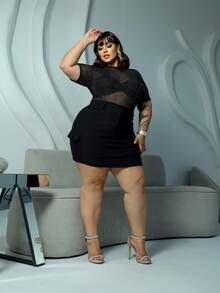 Plus Size Women's Clubwear Set Bodysuit Tulle Shine Transparency Short Sleeve Model Cargo Skirt Elastane Party Clubwear Look Plus Size 44 To 54 - 黑色 - 查看 8