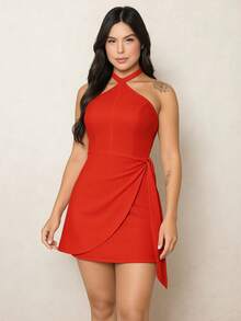 Women's Short Halter Dress, Elegant, Wrapped, Party, Club, Summer - Đỏ - Xem 1