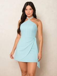 Women's Short Halter Dress, Elegant, Wrapped, Party, Club, Summer - Baby Blue - View 1