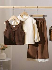 3pcs Young Girl Solid Color Frill Collar Long Sleeve Shirt, Button Design Vest And Pants Casual Set - Brown - View 1