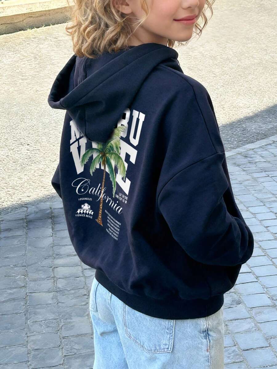 1件少女休闲印花套头卫衣，保暖内衬，长袖，秋冬季学生服装 - 藏蓝色 - 查看 1