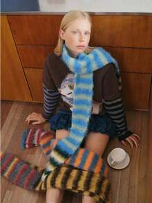 ROMWE Kawaii 韩国设计师撞色条纹针织围巾，保暖条纹羊绒围巾，小众精致柔软针织围脖，时尚街头风女士围巾，秋冬连衣裙搭配 - 彩色 - 查看 1