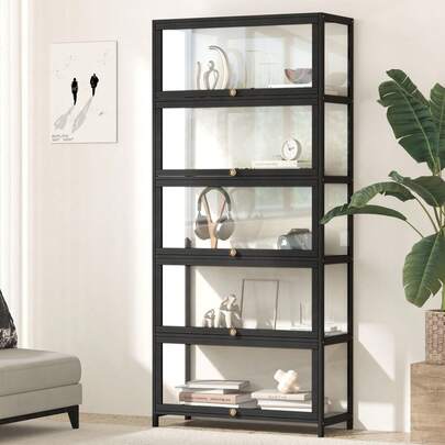 SUN YEE 5 Tier Display Storage Cabinet With Magnetic Closure Clear Door, Hallway Shelves Cabinet For Living Room Dining Room Kitchen Bathroom, Size 78.5x32x172CM, Black