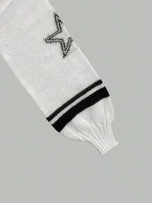 女式 V 领落肩拼色数字提花灯笼袖套头衫 - 柔软宽松针织上衣，适合街头休闲装、返校装、日常通勤装、派对装、秋冬装