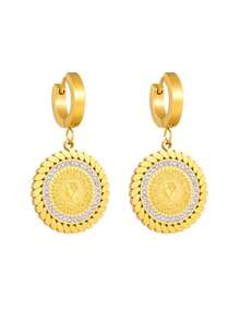 1pc Stainless Steel Large Round Disc Rhinestone Bracelet & Earrings Set, Suitable For Daily Wear - Golden - View 8