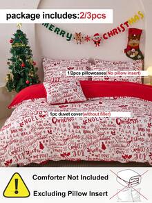 2/3-teiliges Weihnachts-Text-Muster Bettbezug Set, 1 Stück Bettbezug + 1/2 Stück Kissenbezug (Bettdecke nicht enthalten), weich & atmungsaktiv, modische Weihnachtsdekoration Bettwäsche, Grundausstattung für Schlafzimmer & Studentenwohnheim, Oeko-Tex zertifiziert - Verschiedenfarbig - Übersicht 4