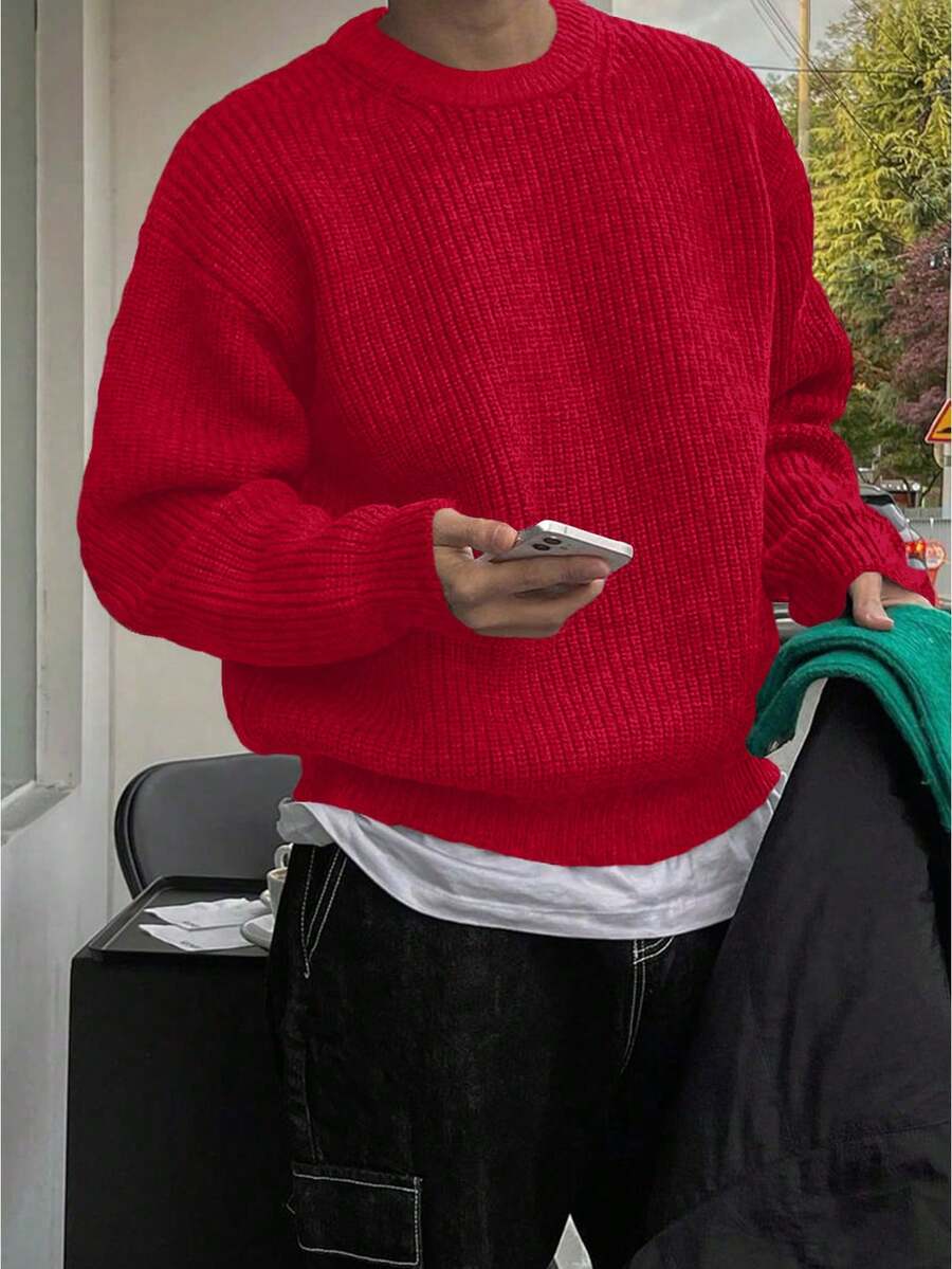 轻盈宽松针织衫，纹理图案，休闲中性设计，适合秋冬季节穿着，长袖上衣 - 玫瑰紅 - 查看 1