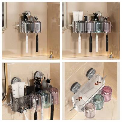 New Ins-Style Minimalist Large Capacity Suction Cup Toothbrush Holder, Bathroom Toothbrush Cup Wall Mount Storage Organizer, No Drilling Required