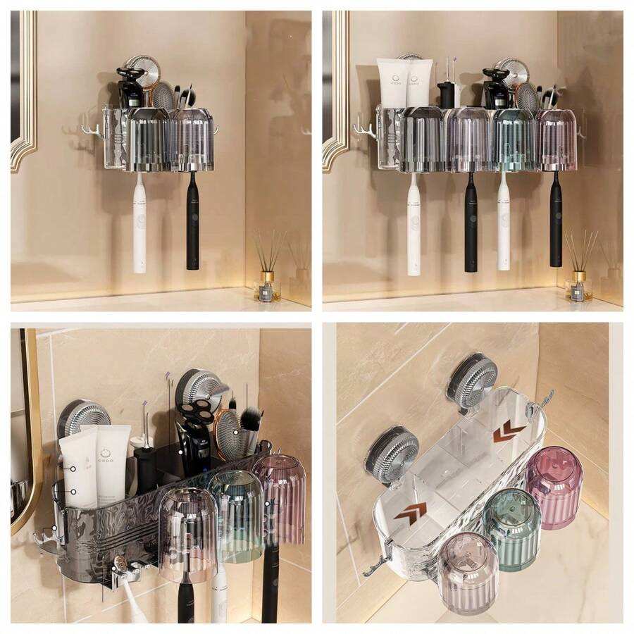 New Ins-Style Minimalist Large Capacity Suction Cup Toothbrush Holder, Bathroom Toothbrush Cup Wall Mount Storage Organizer, No Drilling Required