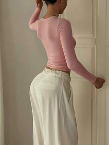 基本款简约圆领双层无缝修身长袖上衣 - 粉色 - 查看 4