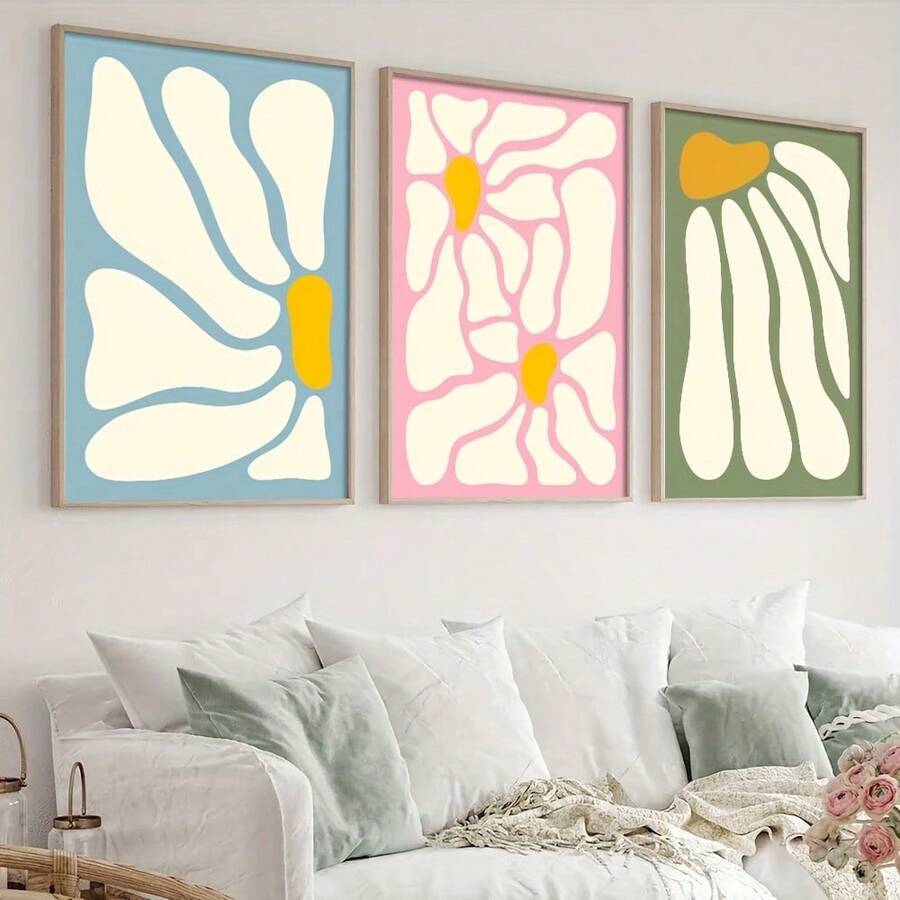 3 pièces Peinture abstraite de fleurs verte, rose et bleue sans cadre, affiche de canevas créative, œuvre d'art murale en canevas imperméable, peinture murale pour cadeau, chambre à coucher, bureau, salon, café, bar, décoration murale, décoration de maison et de dortoir - 3 pièces - Voir 1
